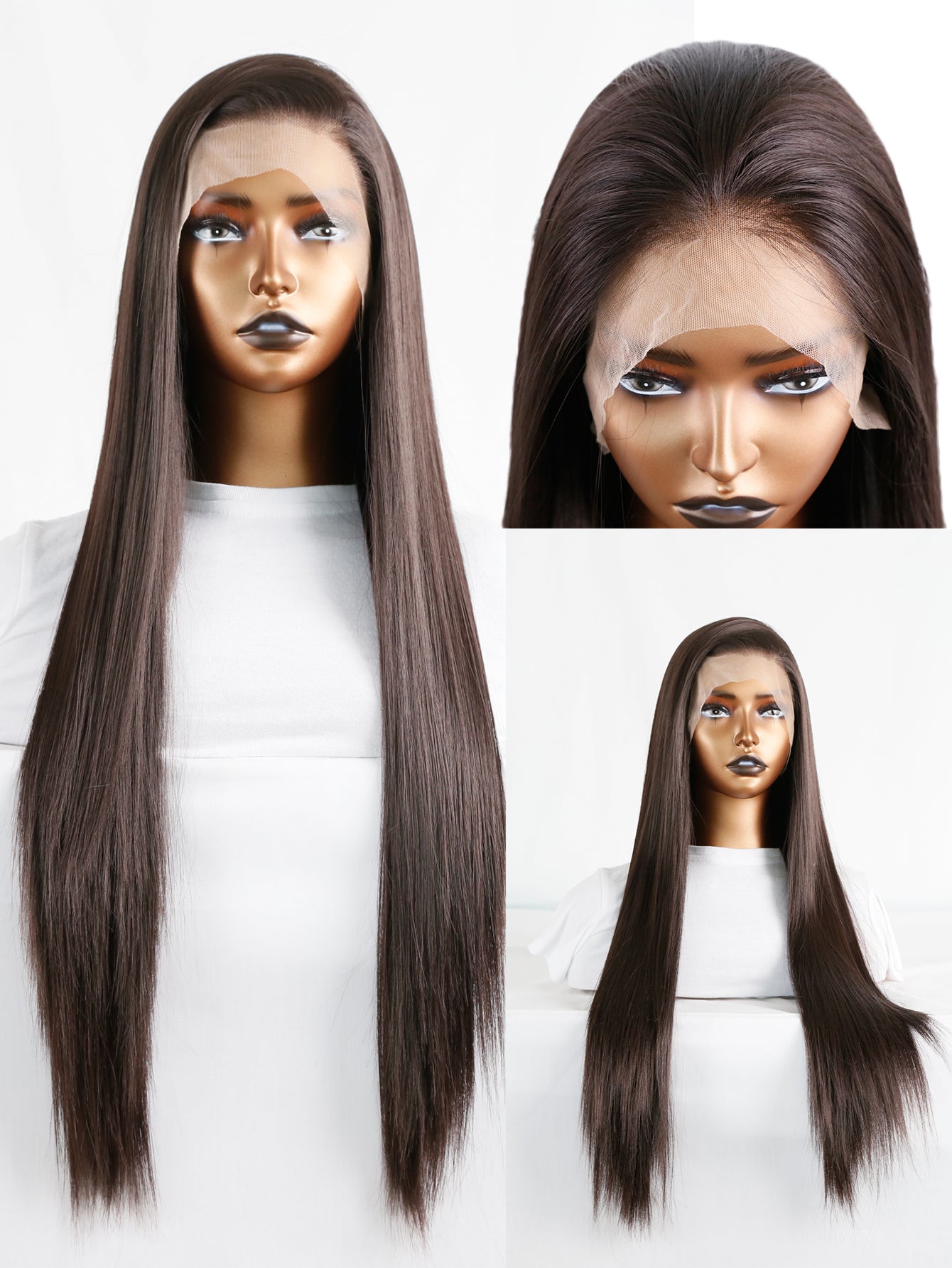 Mstrisha 24" Long Straight Dark Brown Synthetic Lace Front Wig