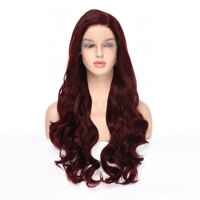 Mstrisha Long Wavy Synthetic Lace Front Wig Burgundy Cosplay Wig Heat Resistant Fiber Hair Wig