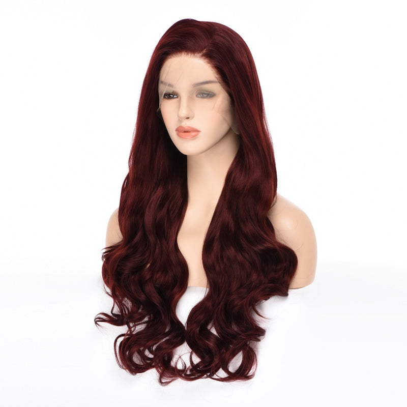 Mstrisha Long Wavy Synthetic Lace Front Wig Burgundy Cosplay Wig Heat Resistant Fiber Hair Wig